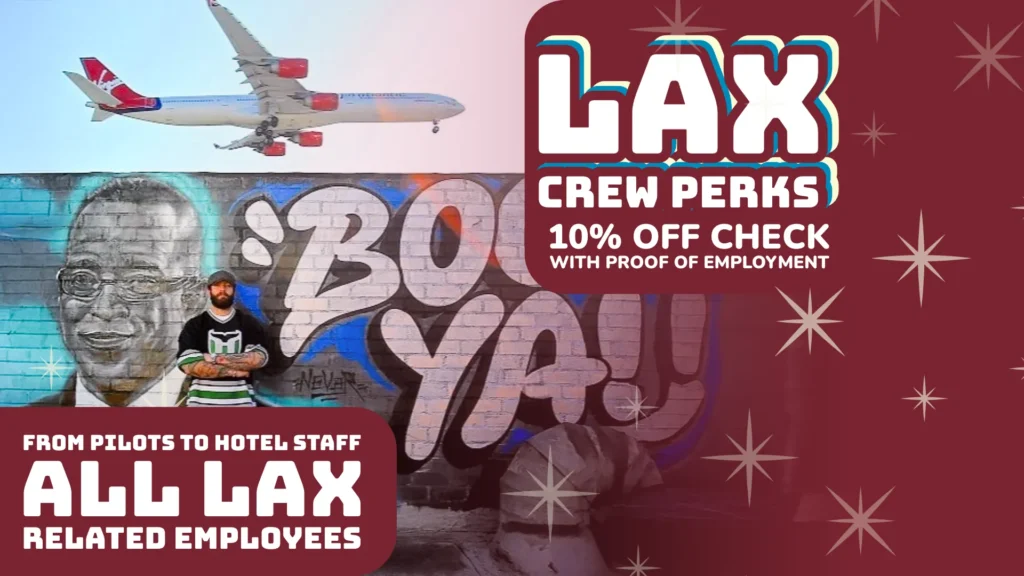 Melody Bar & Grill LAX employee discount flyer with airplane, mural background, and text promoting 10% off for all LAX-related employees.