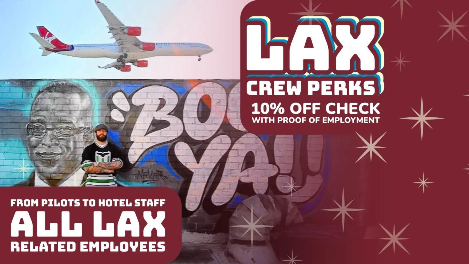 Melody Bar & Grill LAX employee discount flyer with airplane, mural background, and text promoting 10% off for all LAX-related employees.