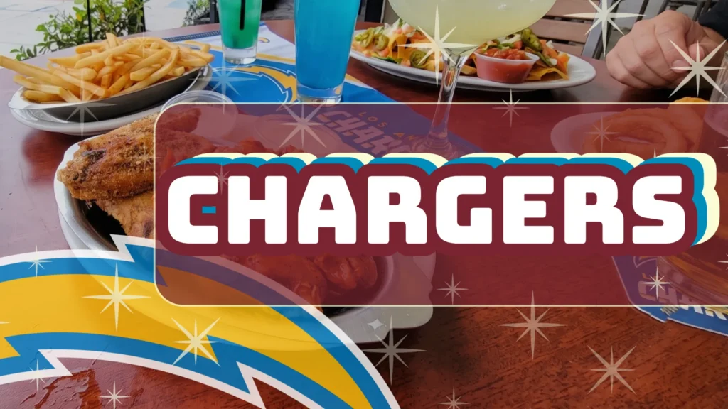 Graphic text reading 'CHARGERS' in bold white letters over a background image of a table filled with bar food and blue drinks, featuring the Los Angeles Chargers lightning bolt logo in the bottom left corner.