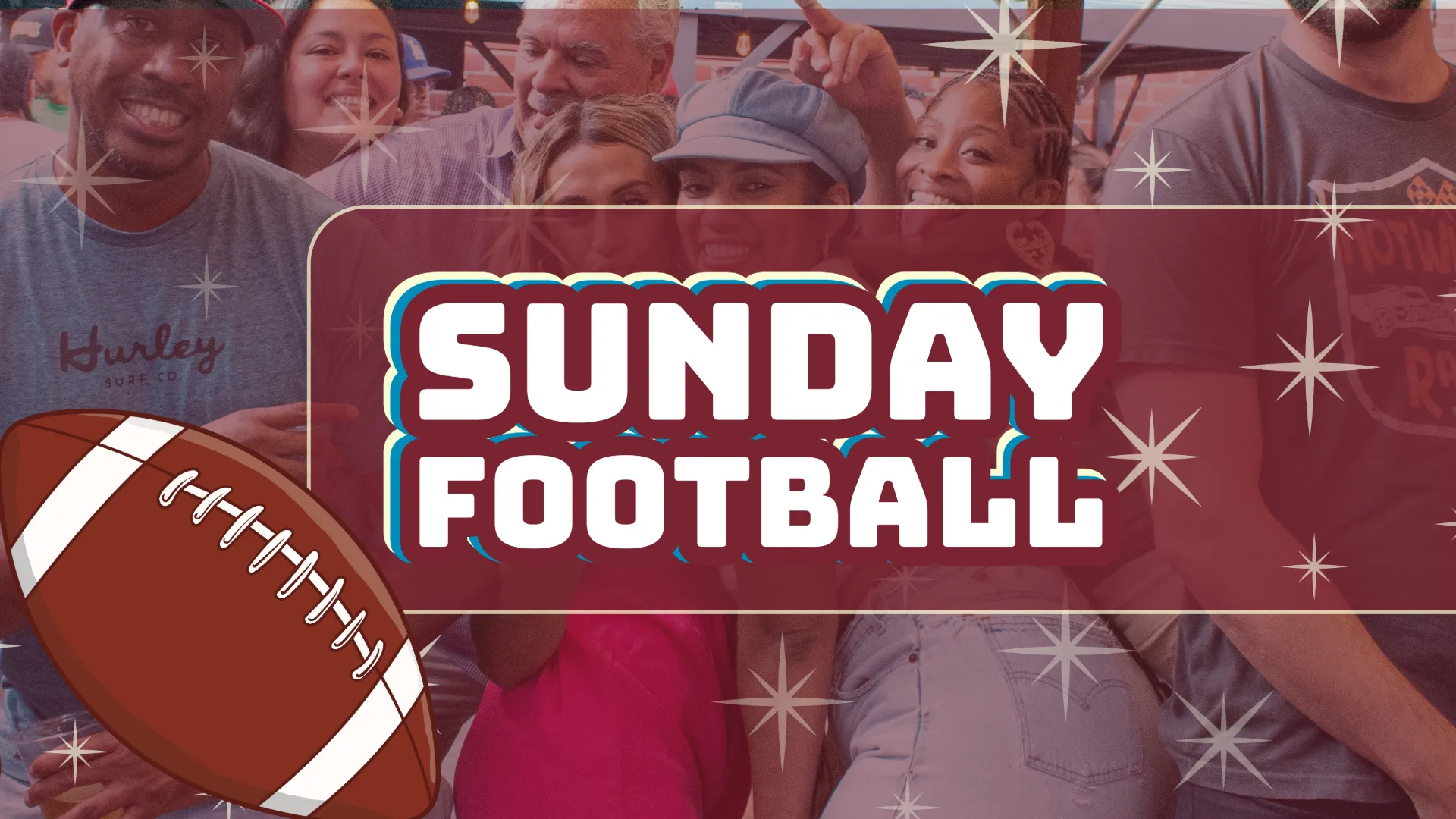 Graphic text reading 'SUNDAY FOOTBALL' in bold white letters over a faded background photo of a group of friends smiling, with a stylized brown football illustration in the bottom left corner."