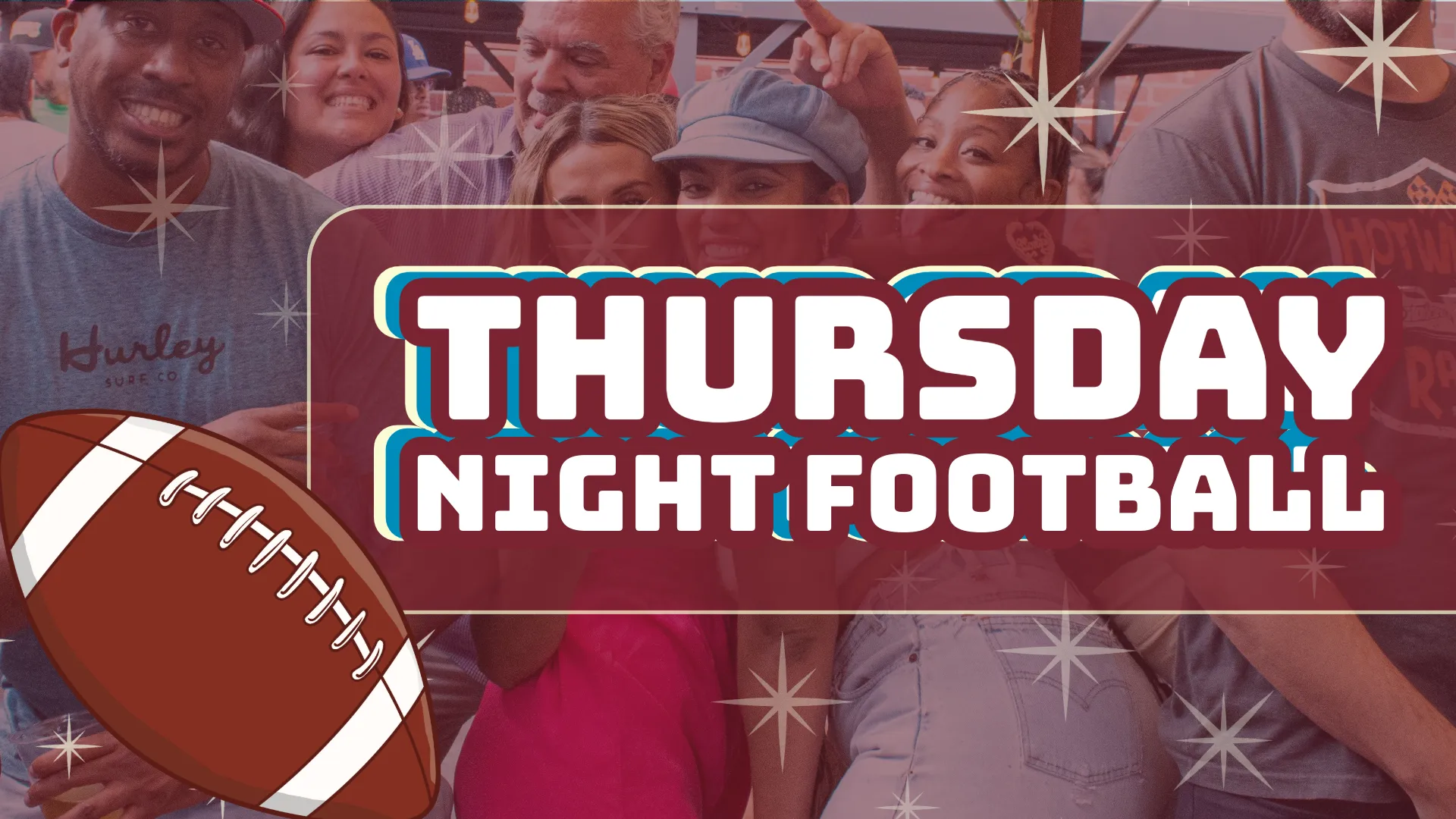 Graphic text reading 'THURSDAY NIGHT FOOTBALL' in bold white letters over a faded background photo of a smiling crowd, with a stylized brown football illustration in the bottom left corner.